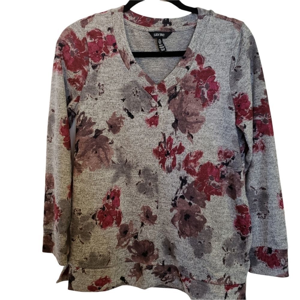 Ellen Tracy Floral V-Neck Long Sleeve Top